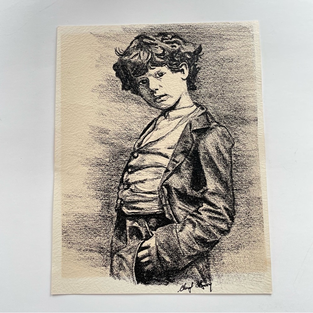CHARCOAL Sketch A Young Boy Casual Pose Signed by Artist Cheryl Vintage Print